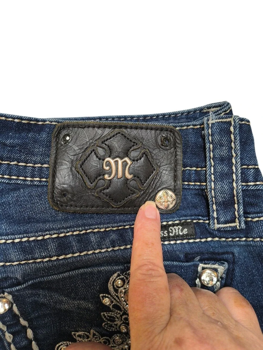 Miss Me Dark Blue Boot Cut Jeans with Rhinestone Cross Pockets Size 26